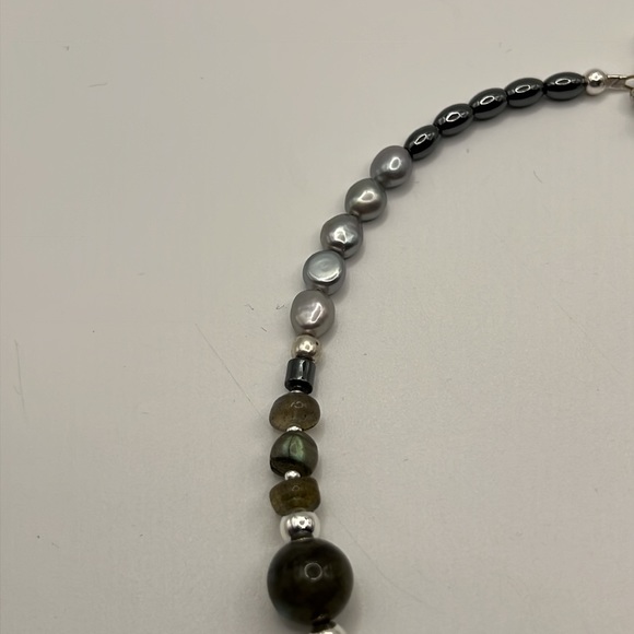 LABRADORITE, PEARL, HEMATITE, AND STERLING SILVER NECKLACE 17.75” - Picture 5 of 13